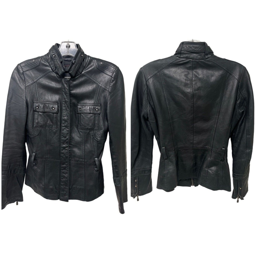 RK sz Extra Small Women’s Black Leather Fitted Biker Moto Jacket